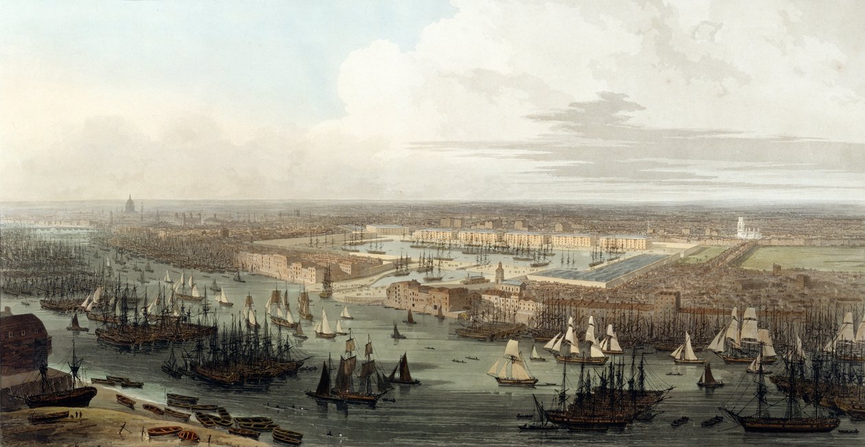 Wapping, Verhoogd Uitzicht op de Dock, 1803 door Thomas und William Daniell