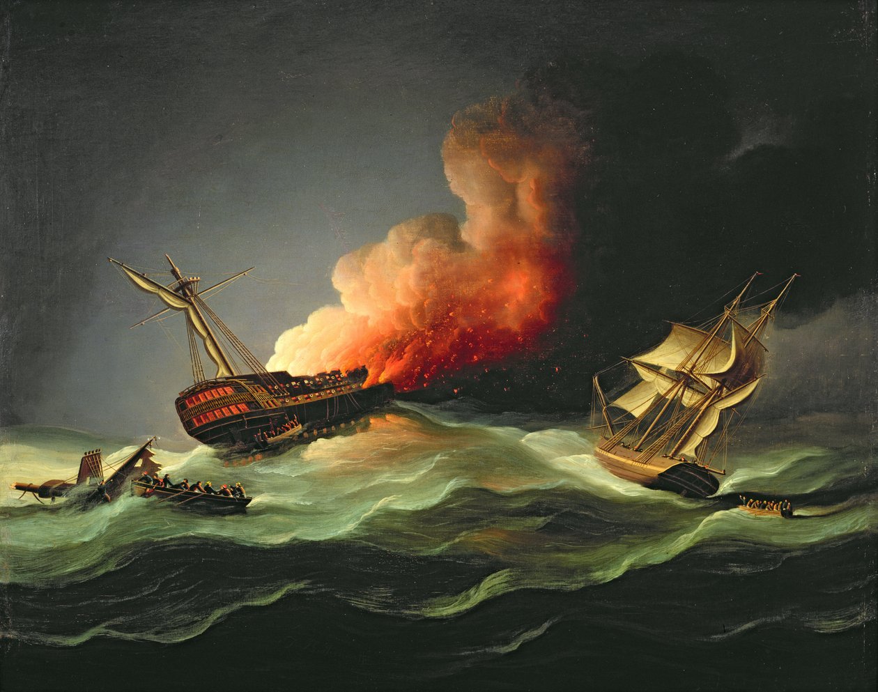 De Oost-Indiëvaarder Kent in brand in de Golf van Biskaje door Thomas Buttersworth