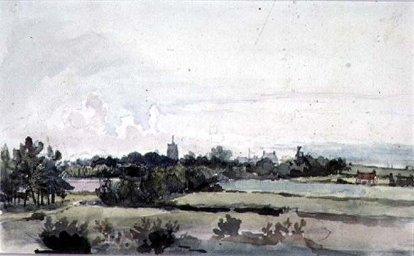 Suffolk Landschap, Velden met een Rij Bomen, een Kerkentoren, Huizen en een Windmolen door Thomas Churchyard