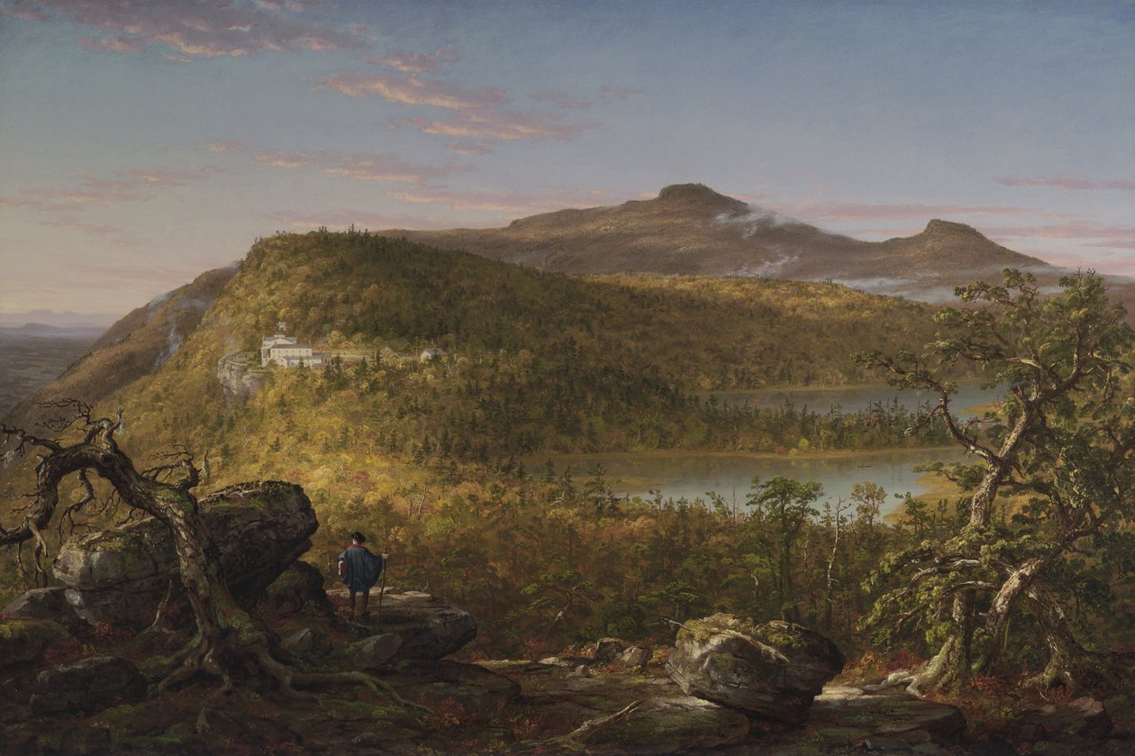 Een uitzicht op de twee meren en het berg huis, Catskill Mountains, ochtend (1844) door Thomas Cole