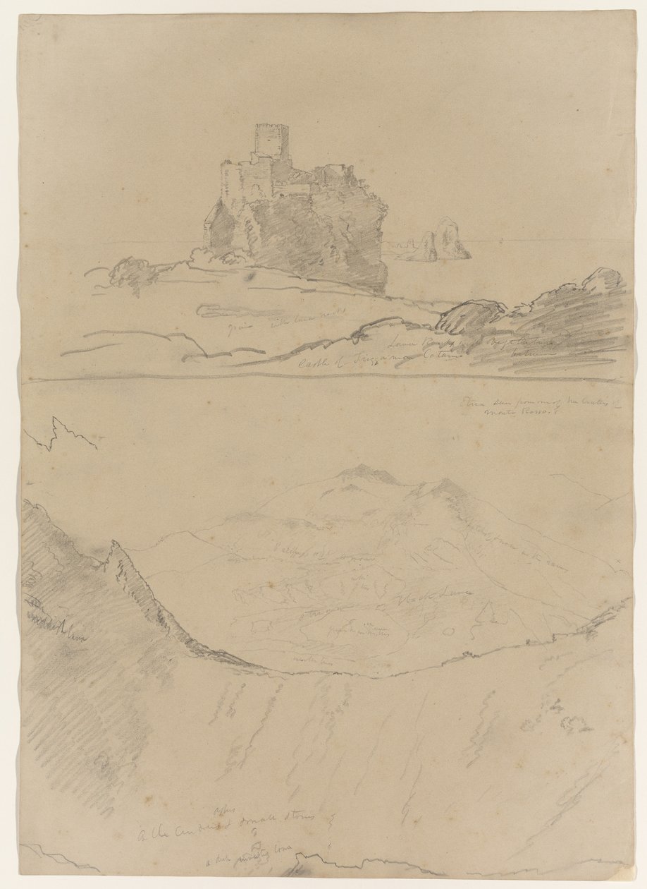 Kasteel van Trezza nabij Catania en Etna, gezien vanaf Monte Rosso en ook vanaf een van de kraters van Monte Rosso, Sicilië, 1842 door Thomas Cole
