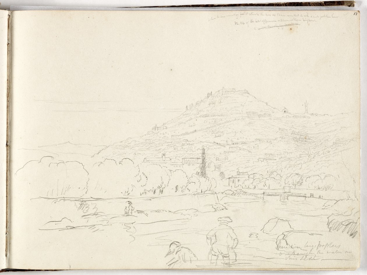 Schets van heuveltop, rivierbank en figuren, 1831 door Thomas Cole