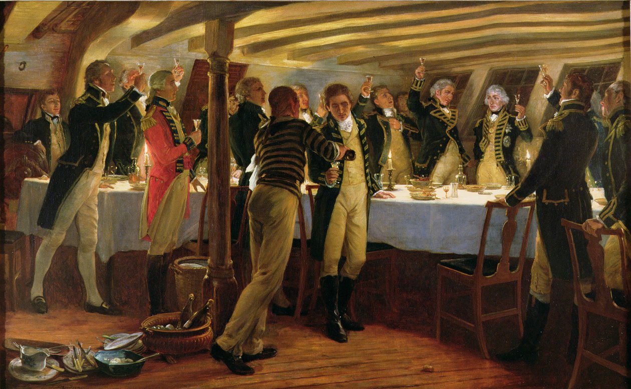 Admiraal Nelson brengt een toost uit op de overwinning met zijn mede-officieren de avond voor de Slag bij Kopenhagen, 1 april 1801, 1898 door Thomas Davidson