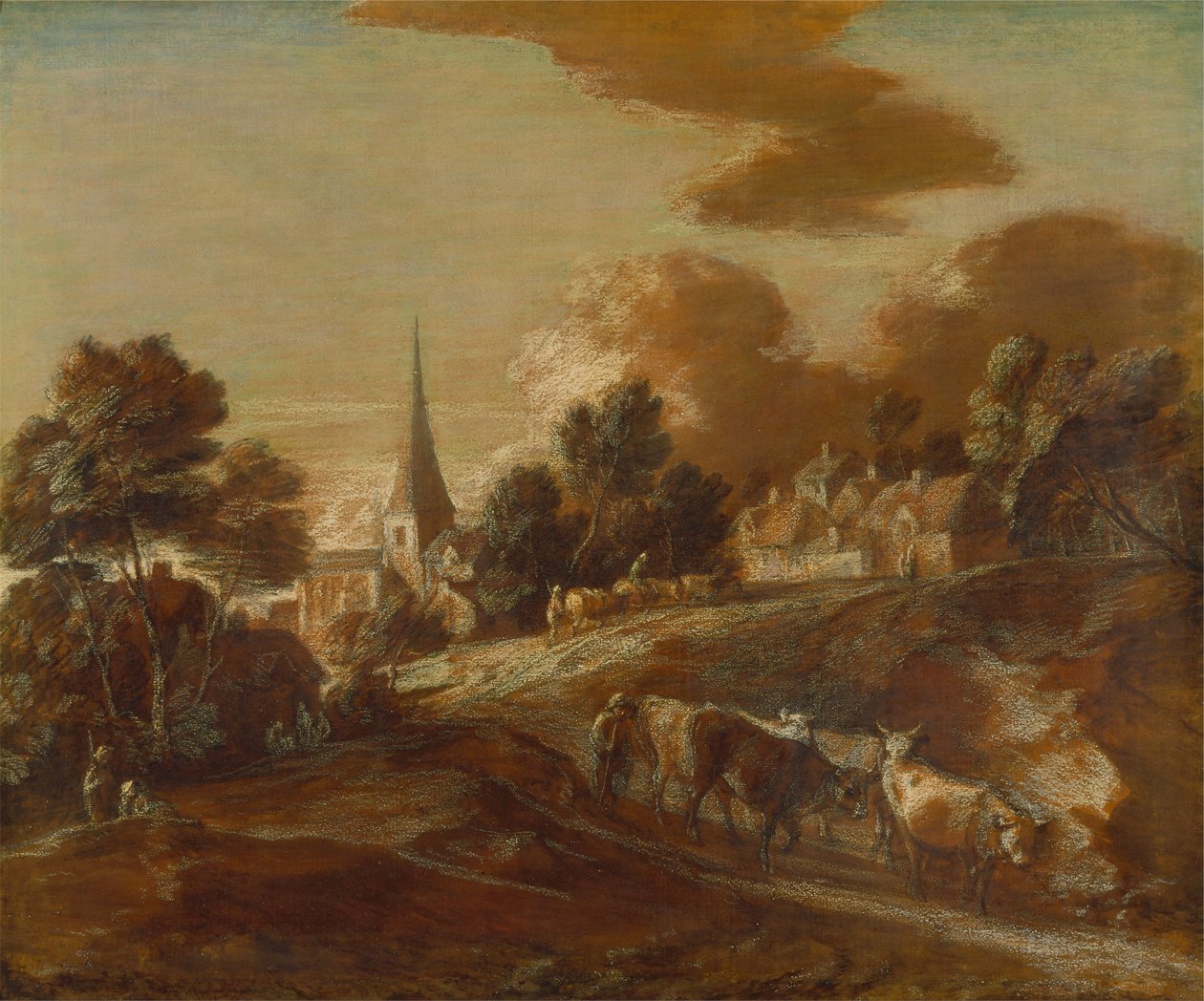 Een denkbeeldig bosdorp met veedrijvers en vee door Thomas Gainsborough
