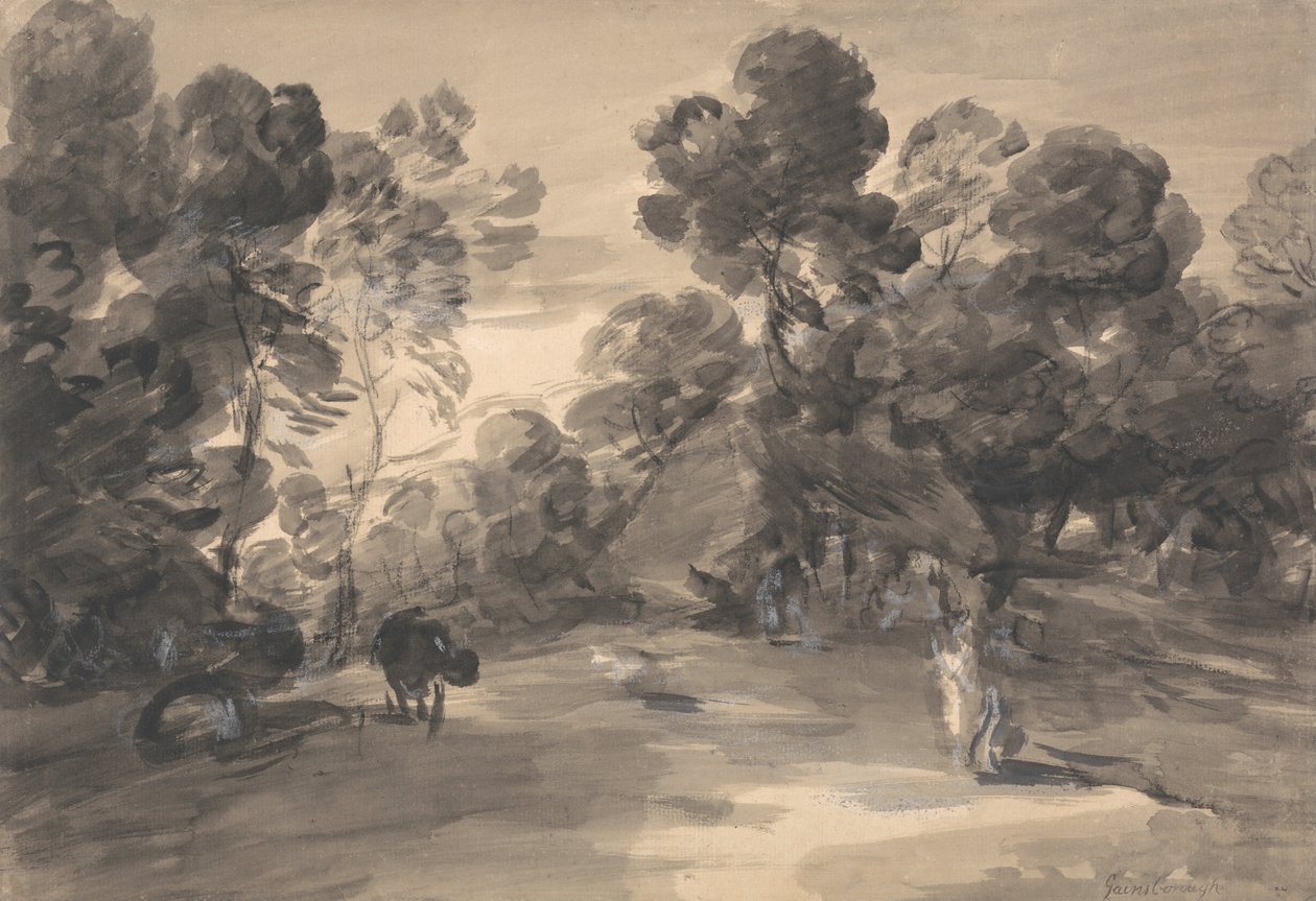 Boslandschap met figuren, huisje en koe door Thomas Gainsborough