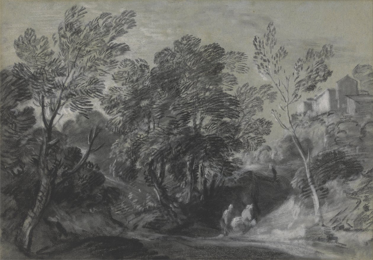 Boslandschap met figuren en huizen op de heuvel door Thomas Gainsborough