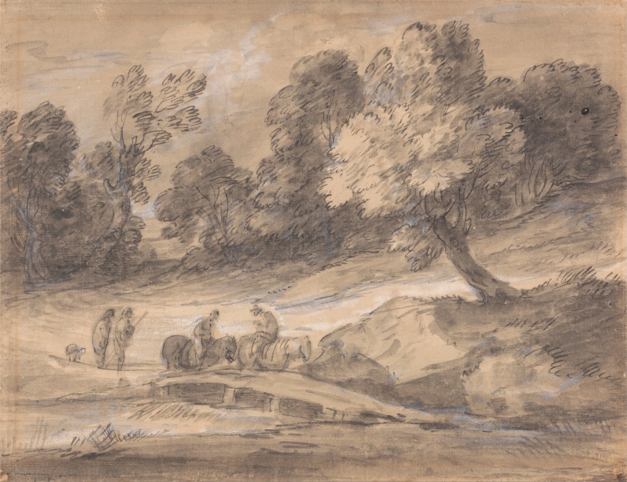 Boslandschap met figuren te paard die een brug oversteken door Thomas Gainsborough