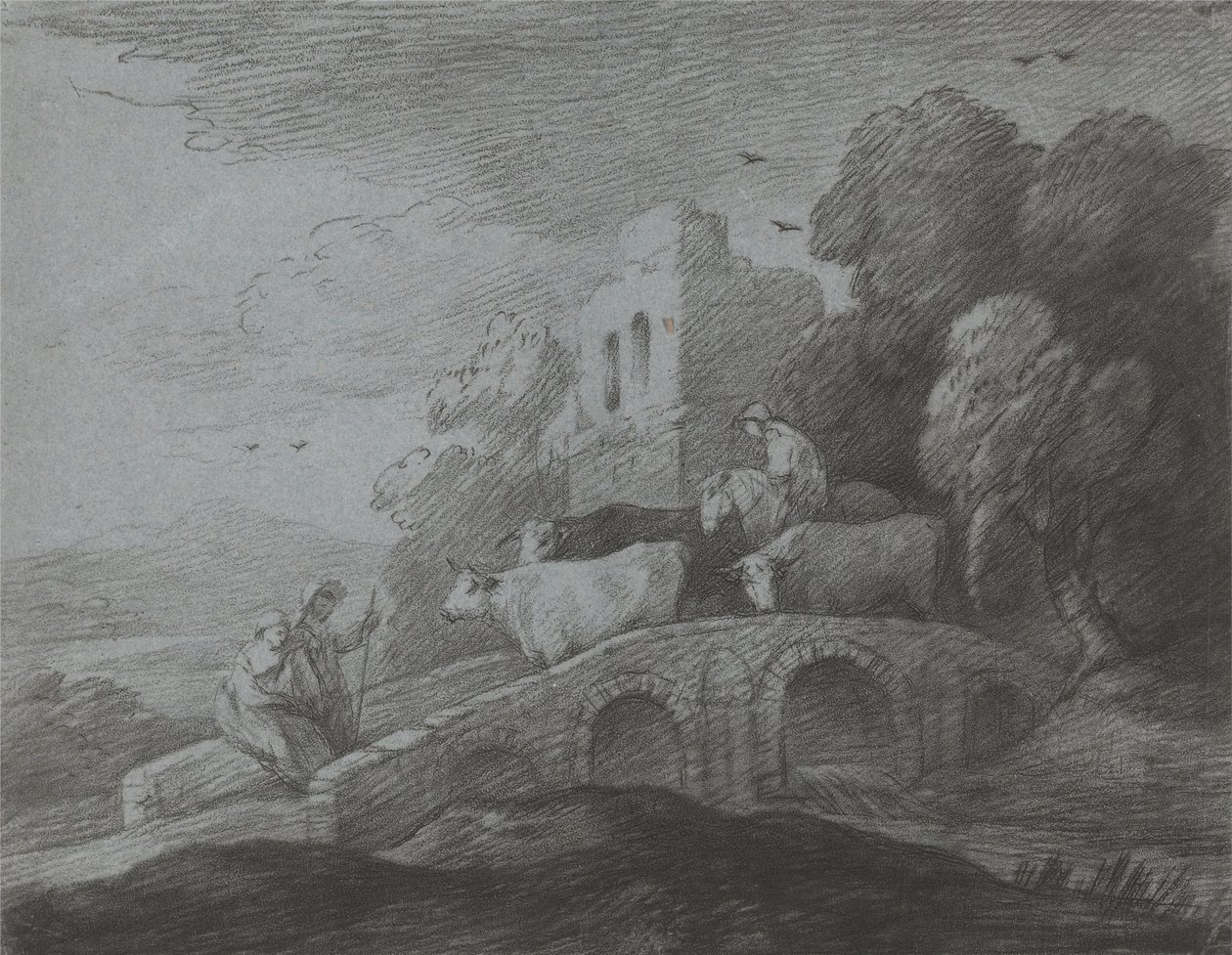 Bosrijk landschap met herder die vee over een brug drijft, rustieke geliefden en vervallen kasteel door Thomas Gainsborough