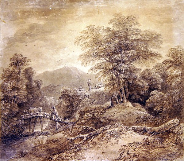 Bosrijk Berglandschap Herder & Koeien Oversteken, 1759 door Thomas Gainsborough