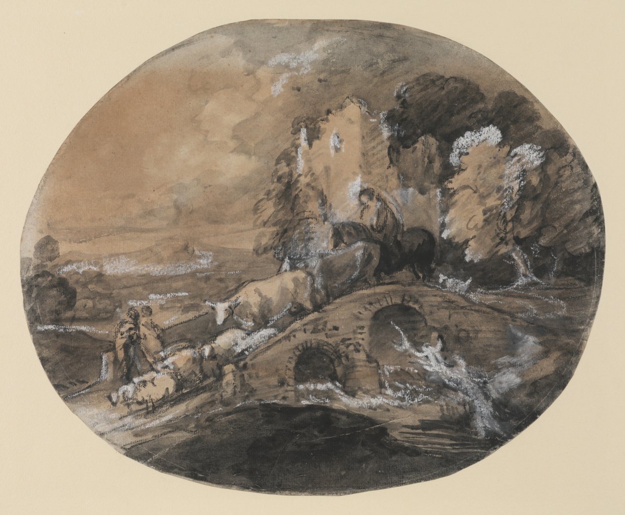 Boslandschap met herder die vee over een brug drijft, boeren en een vervallen kasteel, 1781 door Thomas Gainsborough