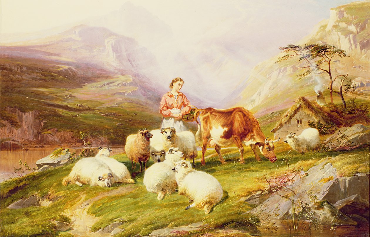 Koe en schapen op een bergweide door Thomas George Cooper