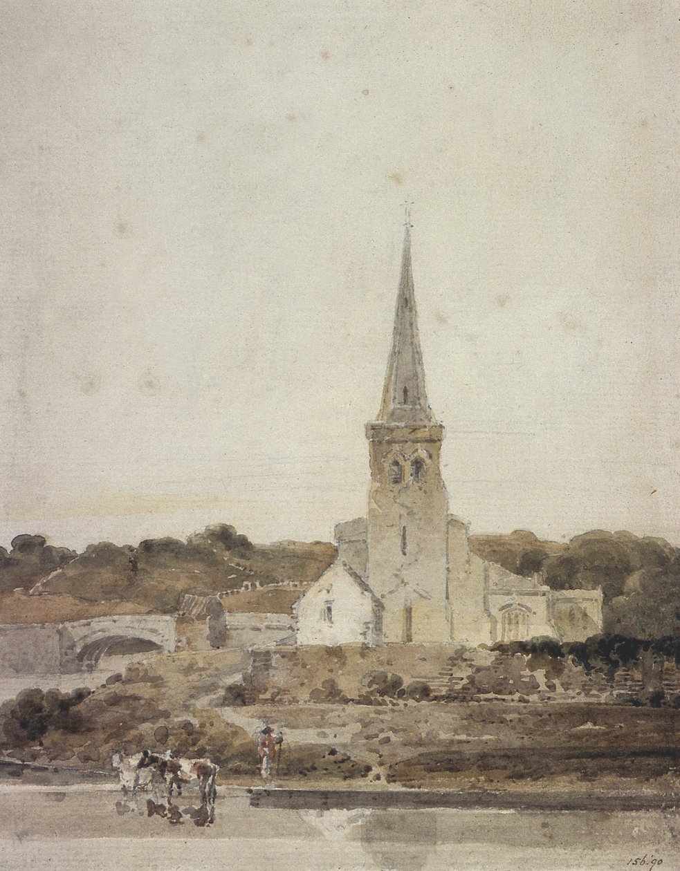 Landschap met een kerk naast een rivier door Thomas Girtin