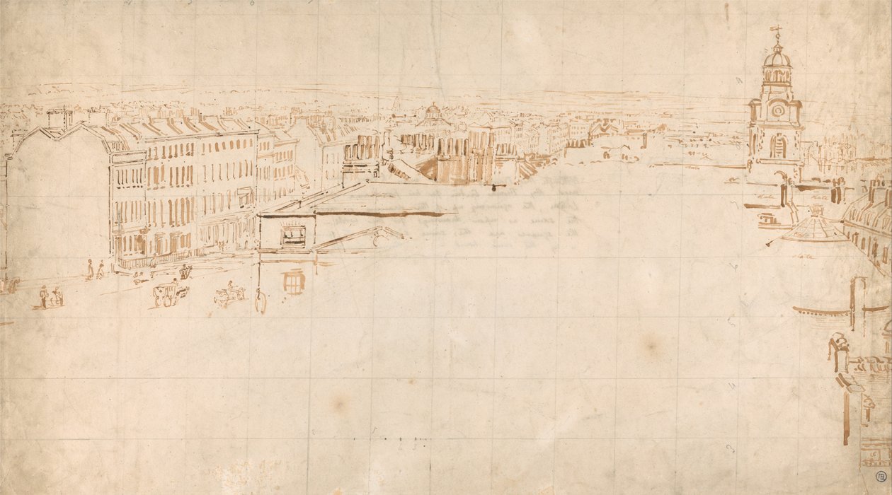 Schets voor de Eidometropolis- Panorama, Great Surrey Street en Christchurch, Southwark door Thomas Girtin