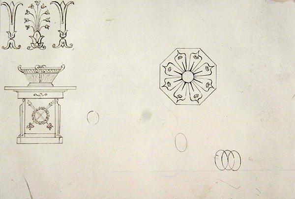Ontwerp voor gegoten werkdecoratie, uit Eenentwintig pentekeningen van Decoratieve Details in Antieke Stijl (pen & bruine inkt op papier) door Thomas Hope