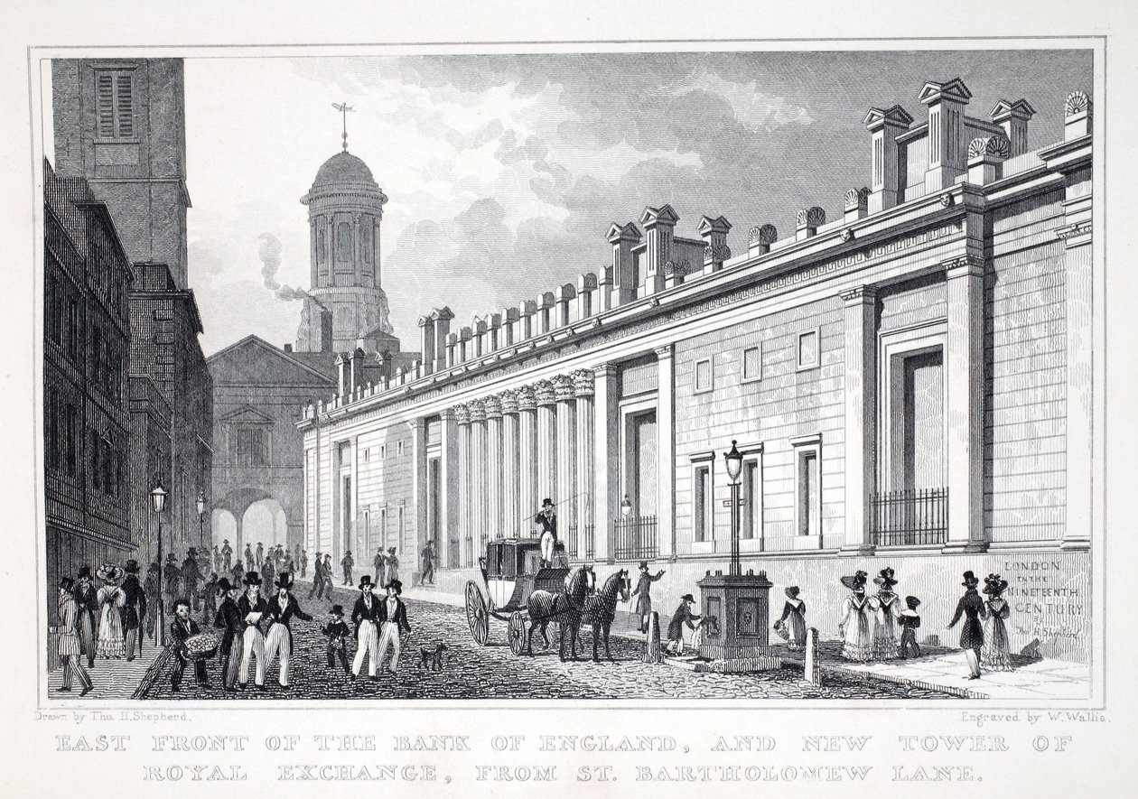 Oostelijke gevel van de Bank of England en nieuwe toren van de Royal Exchange vanaf St Bartholomew Bank, uit 