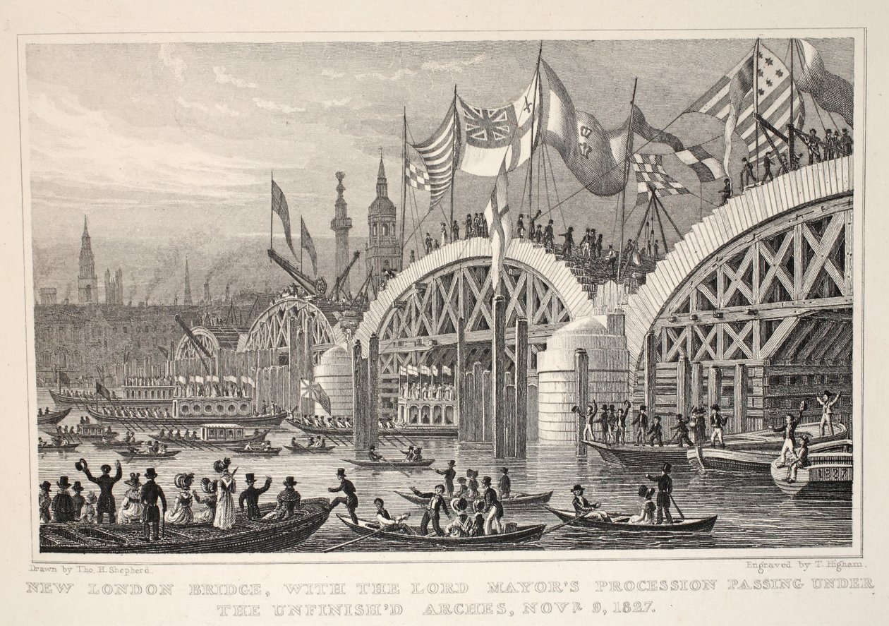 Nieuwe Londen Brug, met de Processie van de Lord Mayor die onder de Onvoltooide Bogen doorgaat, 8-9 nov 1827, uit 