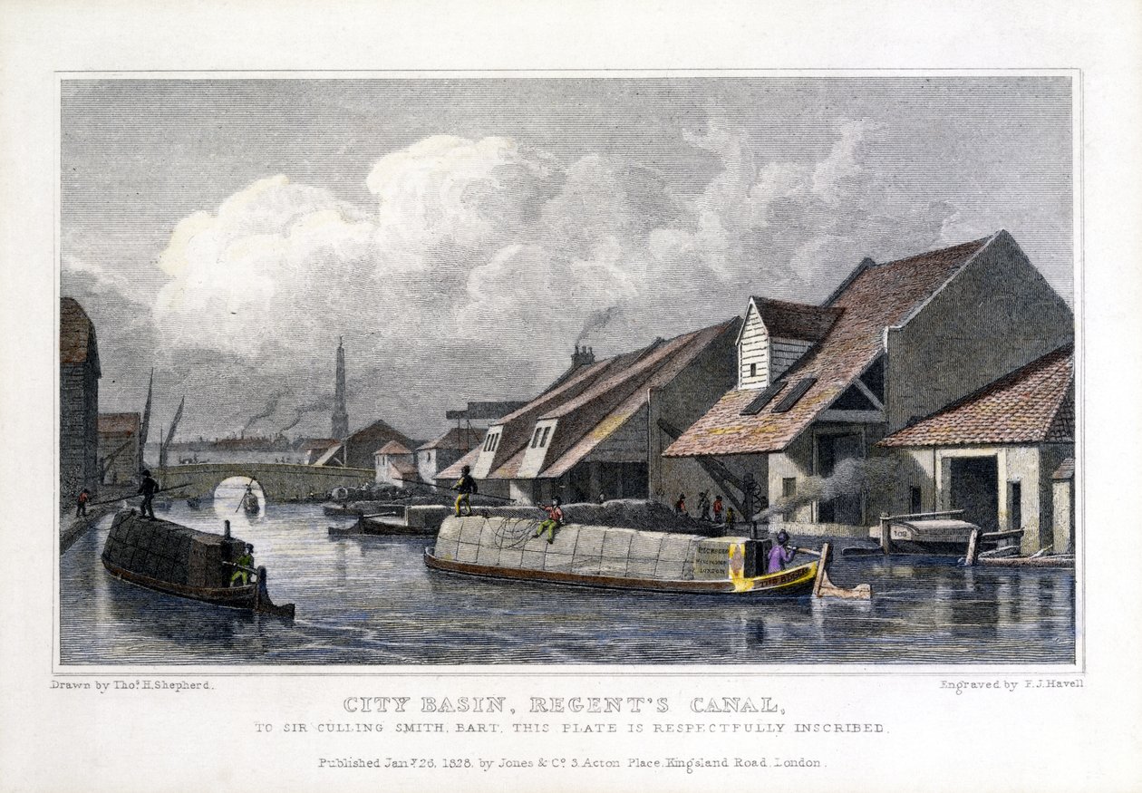 City Basin, Regents Canal, gegraveerd door F.J. Havell, 1827 door Thomas Hosmer after Shepherd