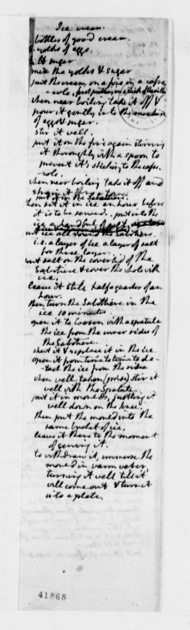 Recept voor vanille-ijs, ca. 1780 door Thomas Jefferson
