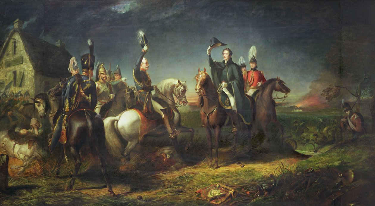 De ontmoeting van de hertog van Wellington en veldmaarschalk Blücher op de avond van de overwinning van Waterloo bij La Belle Alliance door Thomas Jones