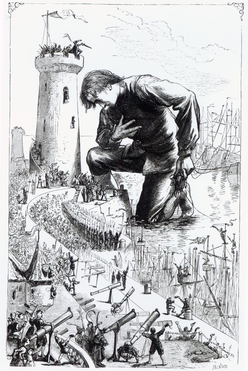 Gulliver knielt voor de Lilliputters na het stelen van de Blefuscudiaanse vloot, illustratie uit 