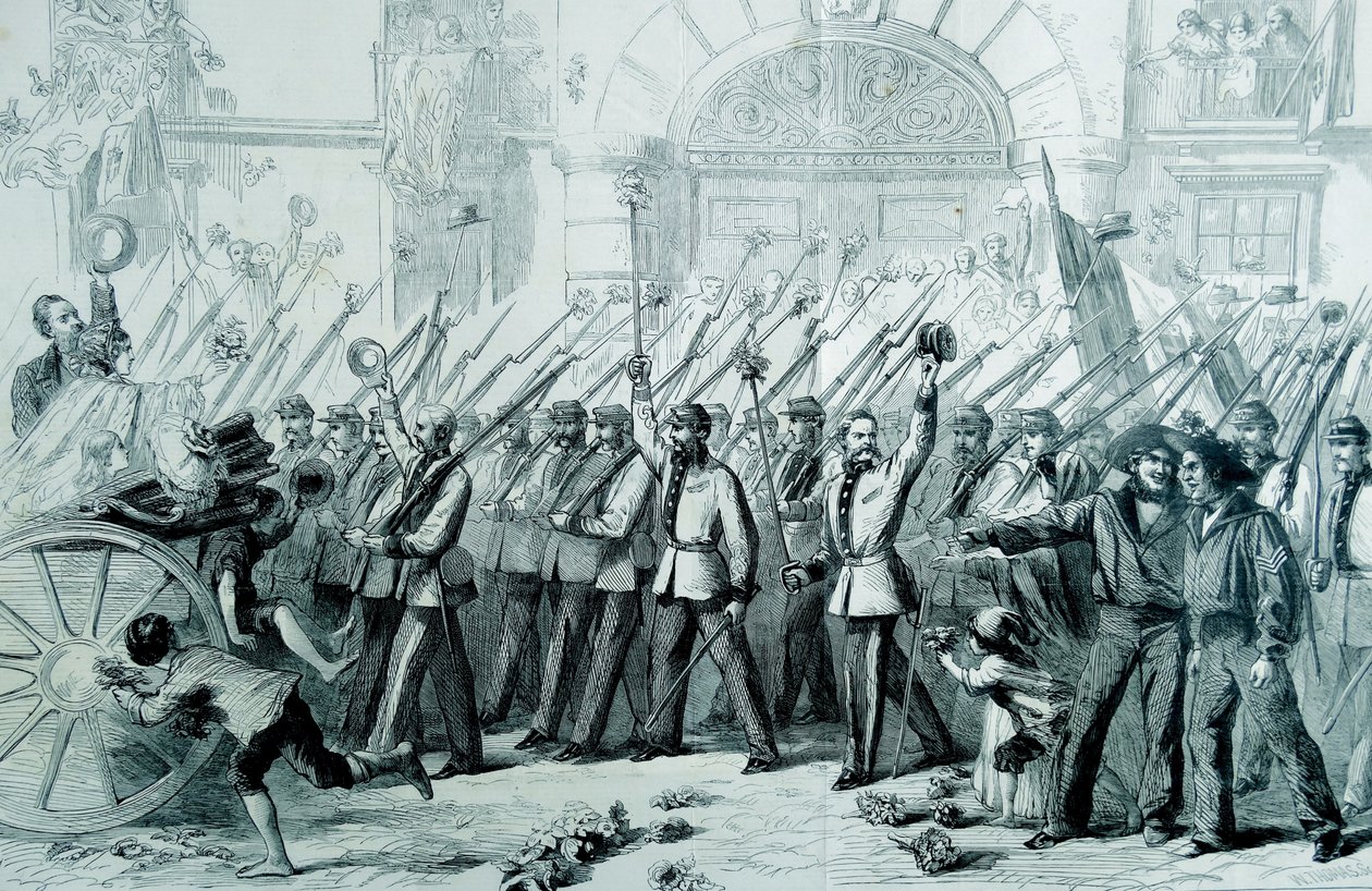 Enthousiaste ontvangst van de Britse vrijwilligers voor Garibaldi in Napels, 1860 door Thomas Nast