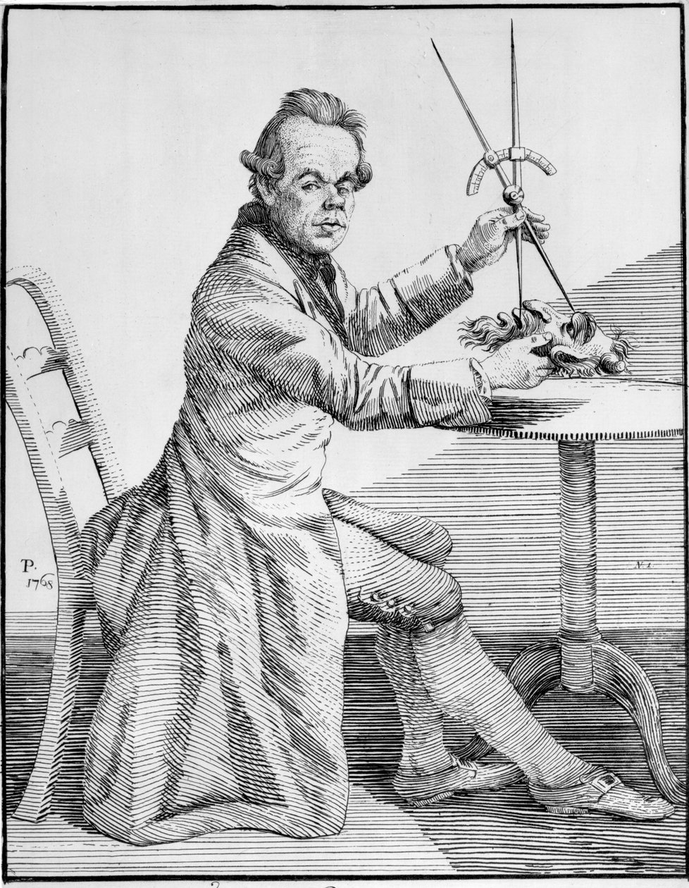 Zelfportret met schuifmaat over een masker, ca.1768-70 door Thomas Patch