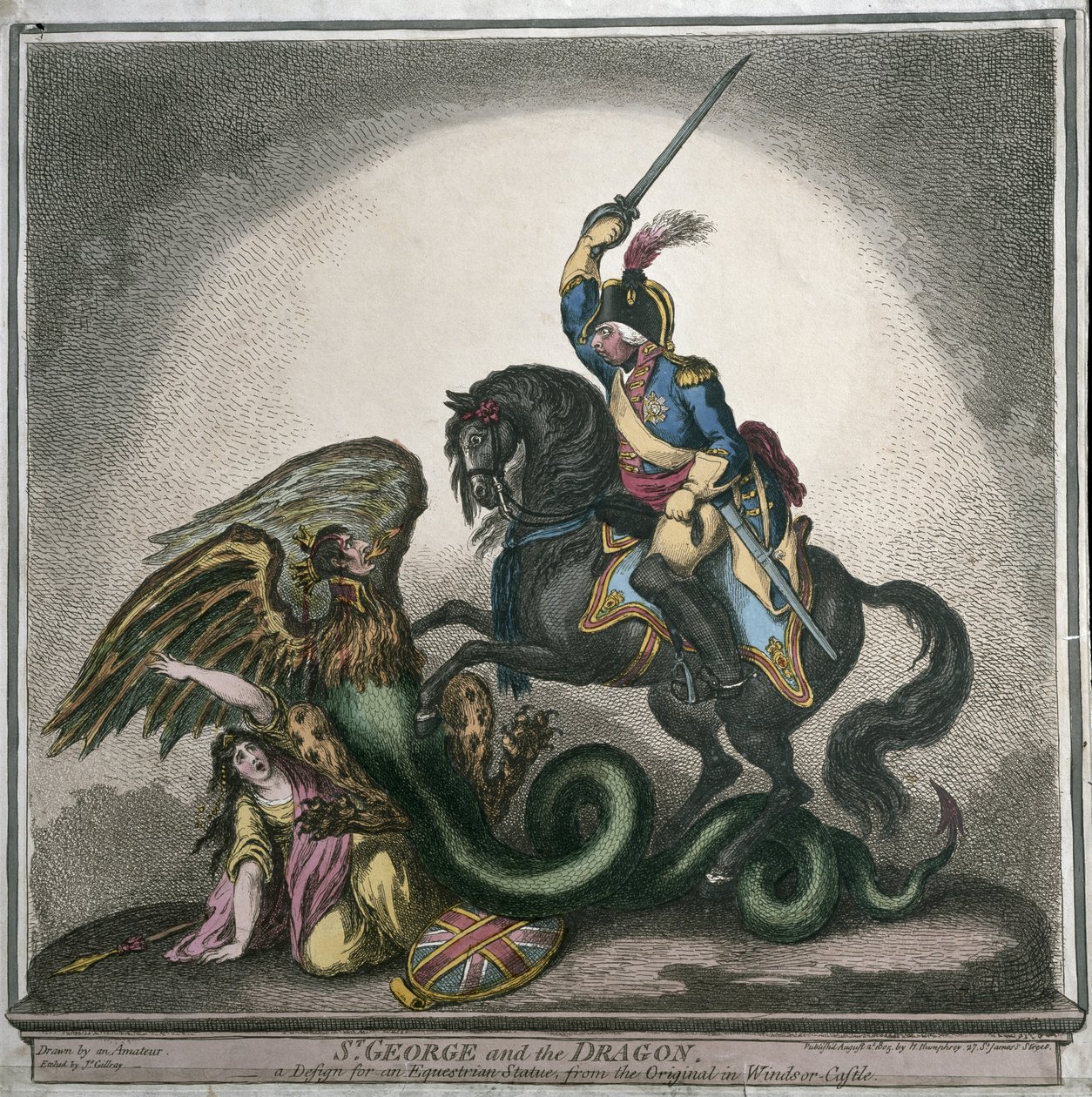 St. Joris en de draak, een ontwerp voor een ruiterstandbeeld, naar het origineel in Windsor Castle, gegraveerd door James Gillray, gepubliceerd door Hannah Humphrey in 1805 door Thomas Richmond Gale Braddyll