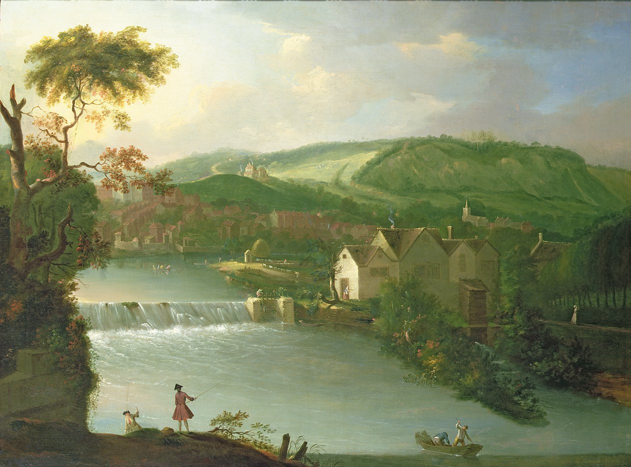 Een uitzicht op de abdijmolen en stuw op de rivier Avon, Bath door Thomas Ross