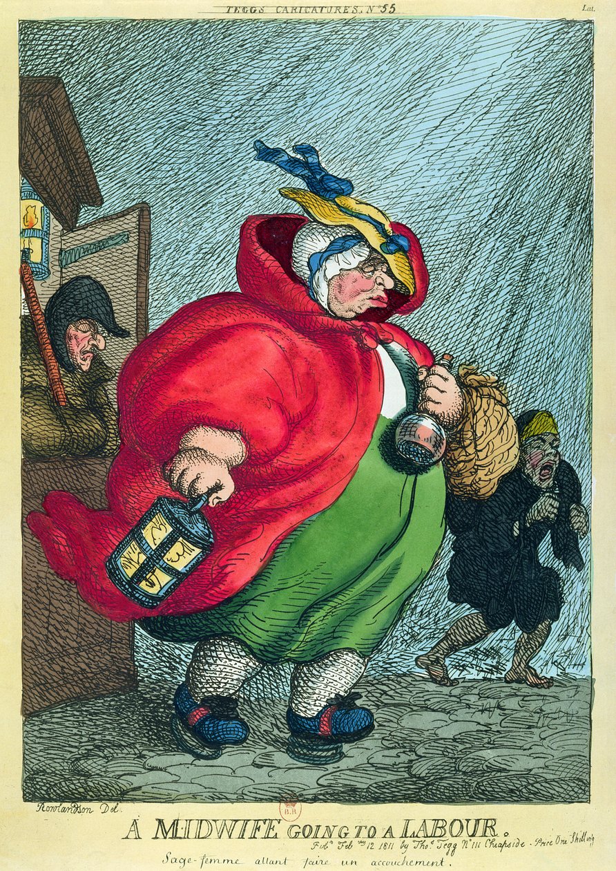 Een vroedvrouw op weg naar een bevalling, 1811 door Thomas Rowlandson