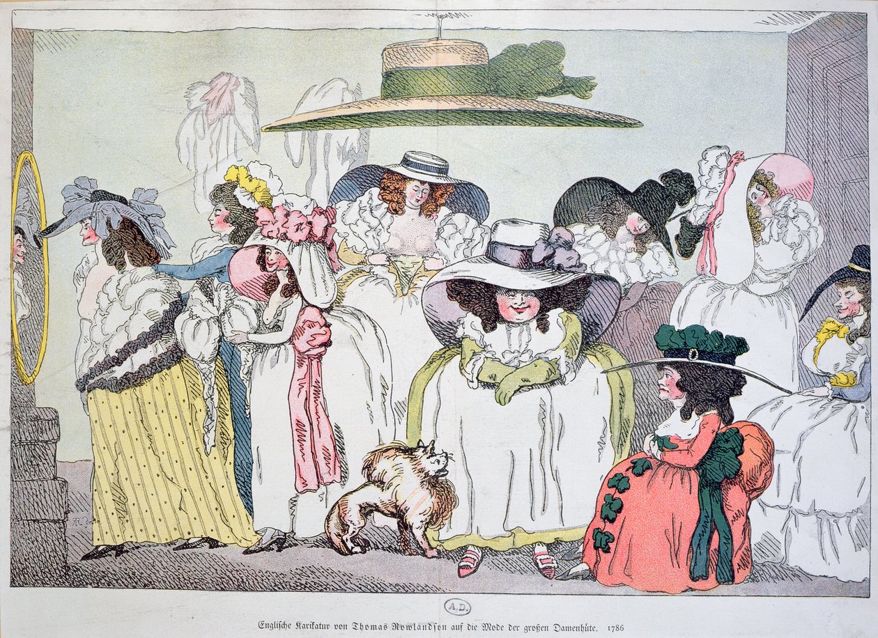 Karikatuur van de mode voor grote hoeden, 1786 door Thomas Rowlandson