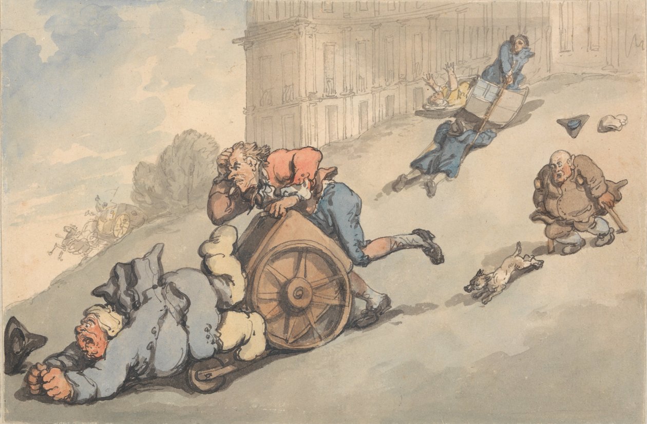 Comforts of Bath: Jichtige personen vallen op steile heuvel door Thomas Rowlandson
