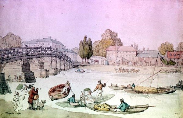 Hampton Bridge met punters en schuiten door Thomas Rowlandson