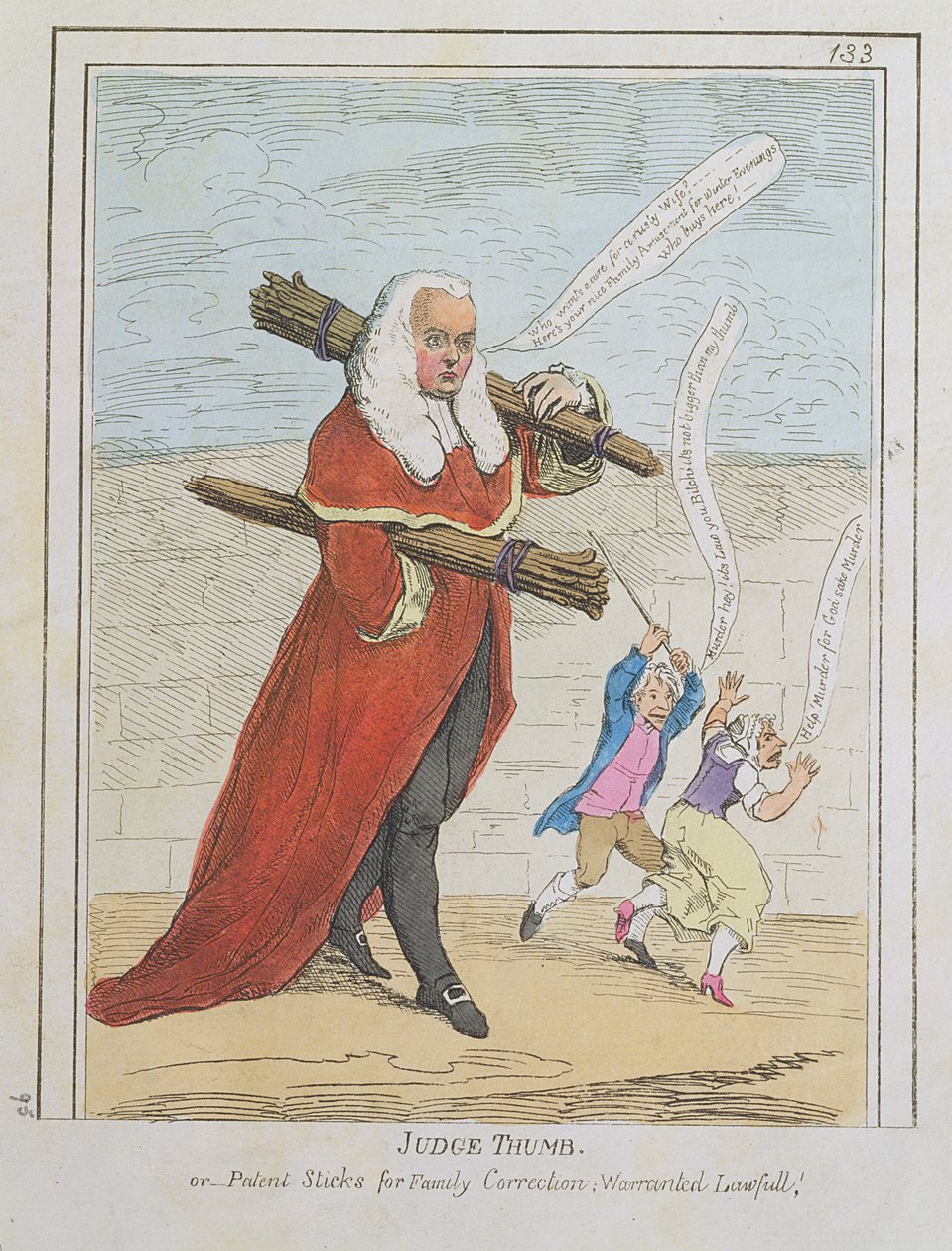 Judge Thumb - of Patent Sticks for Family Correction; Warranted Lawfull, cartoon van rechter Butler, uit Rowlandson