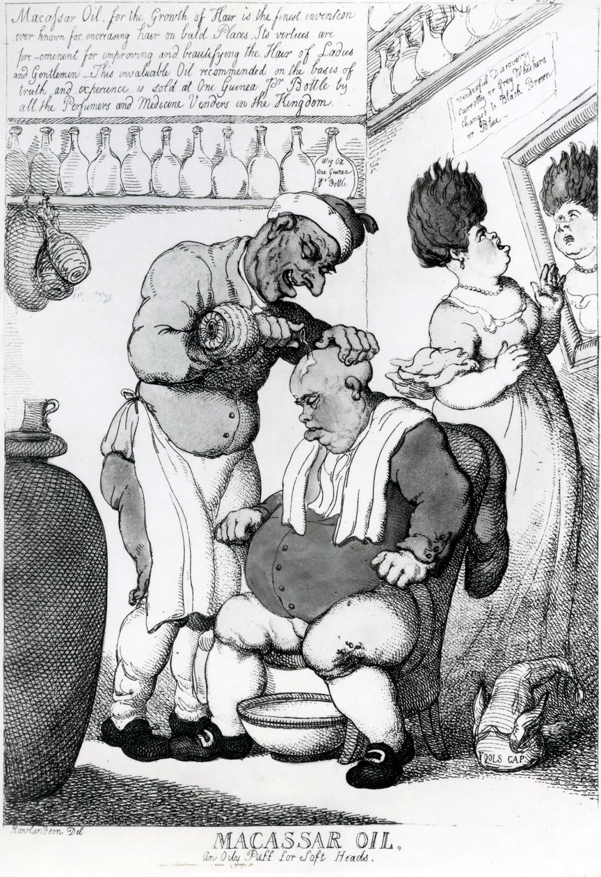 Massacar Olie, een olieachtige poeder voor zachte hoofden, 1814 door Thomas Rowlandson