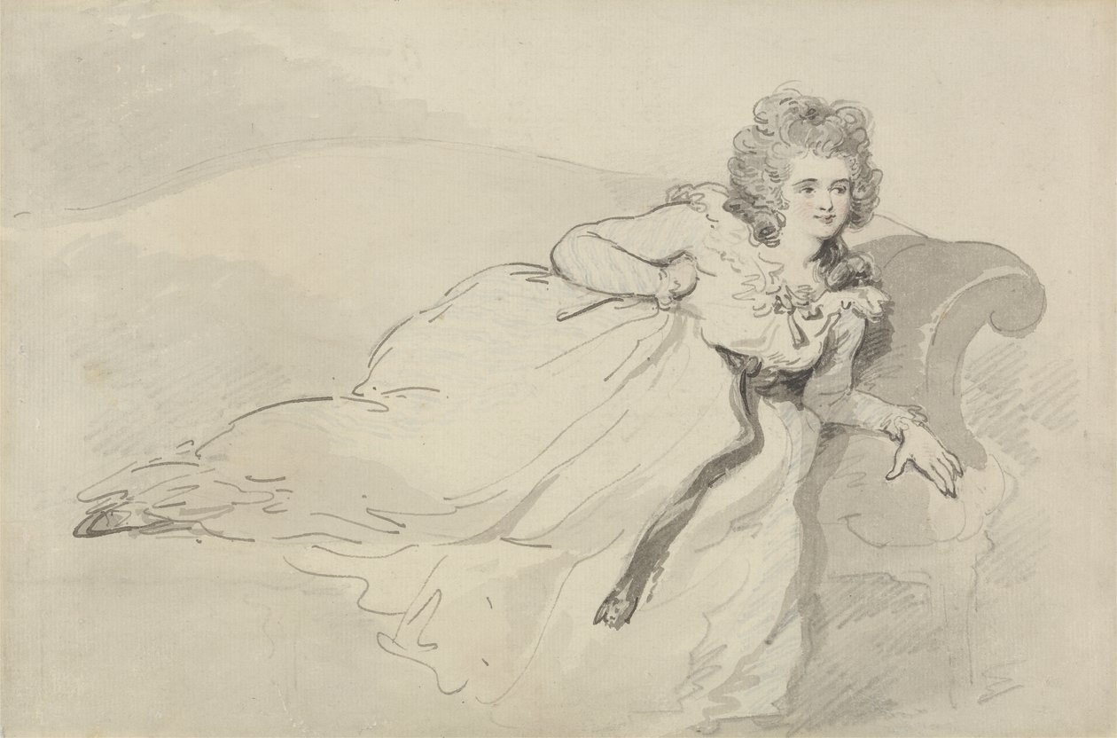 Mevrouw Abington, liggend op een bank door Thomas Rowlandson