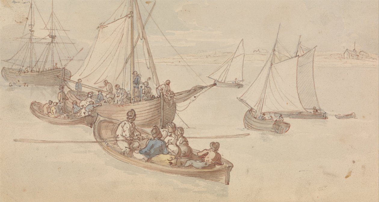Pleziervaartuigen in een riviermonding door Thomas Rowlandson