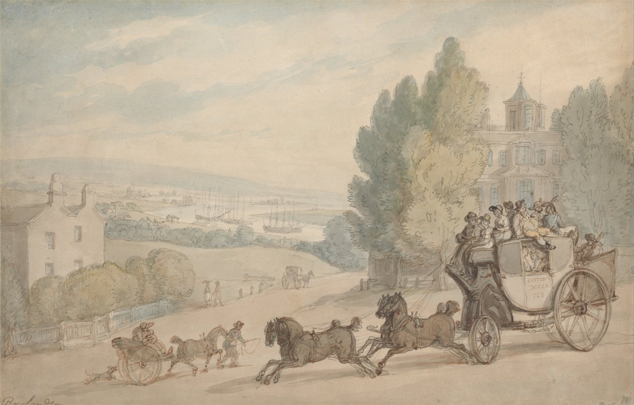 De Canterbury-Dover koets die Vanbrugh Castle passeert door Thomas Rowlandson