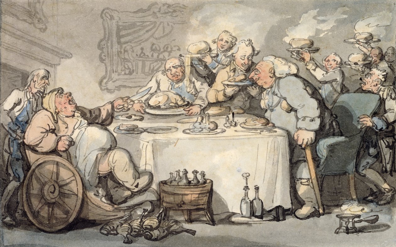 De geneugten van Bath: Jichtige fijnproever bij het diner door Thomas Rowlandson
