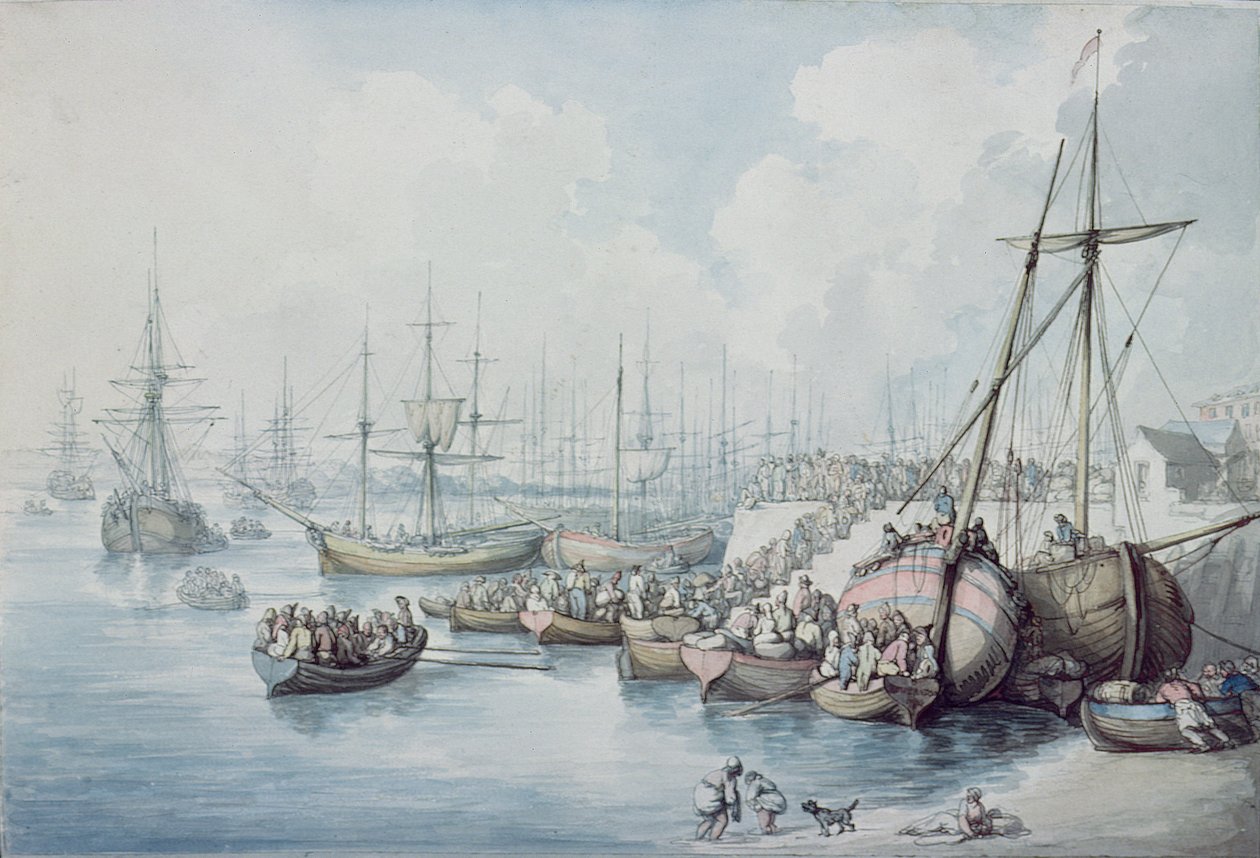 De ontscheping van de Royalisten van Toulon in Southampton in 1794 door Thomas Rowlandson