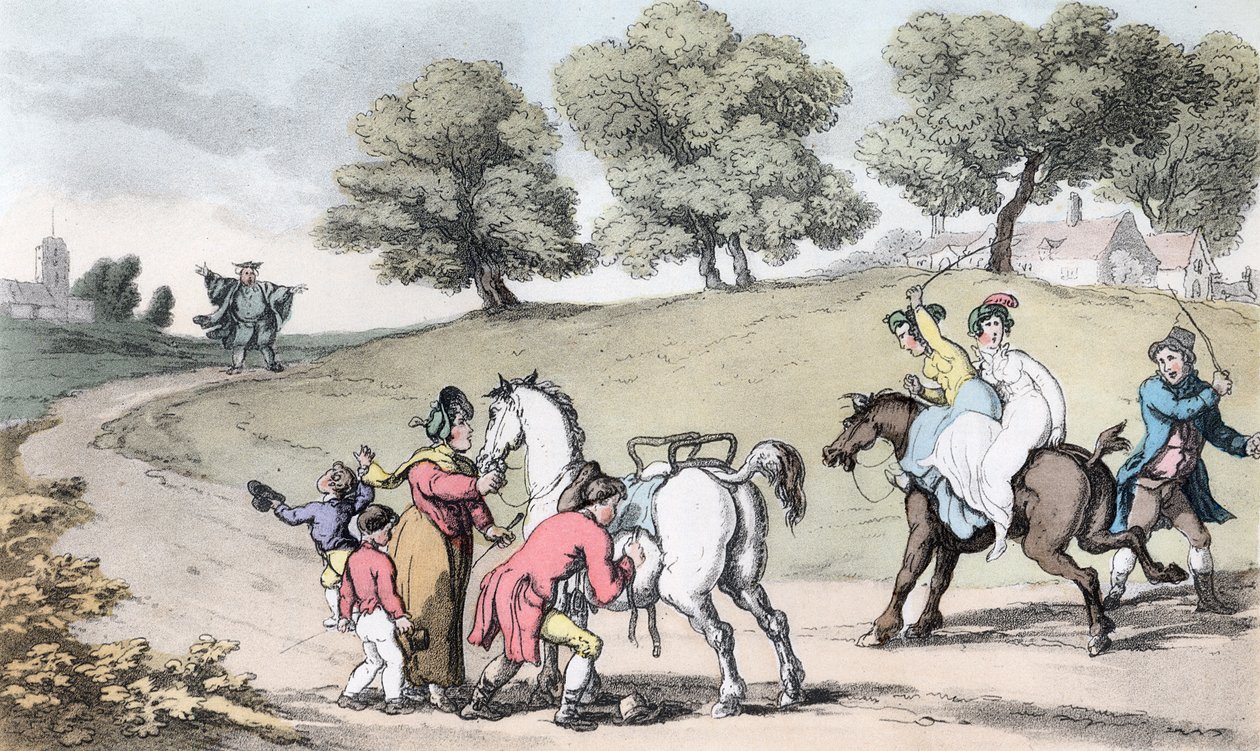 De familie van de dominee op weg naar de kerk, illustratie uit 