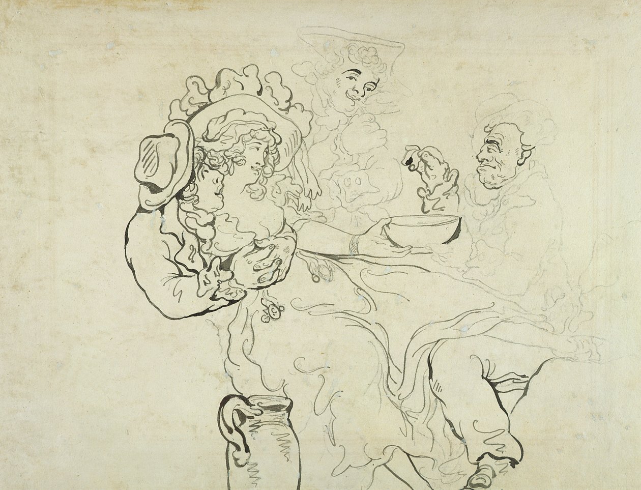 Drie mannen en een vrouw die drinken door Thomas Rowlandson