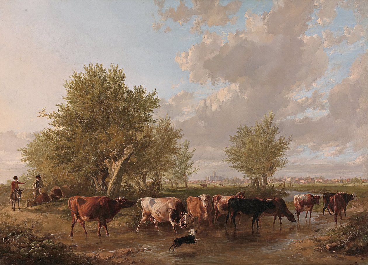 Een beek doorwaden, buitenwijken van Canterbury door Thomas Sidney Cooper