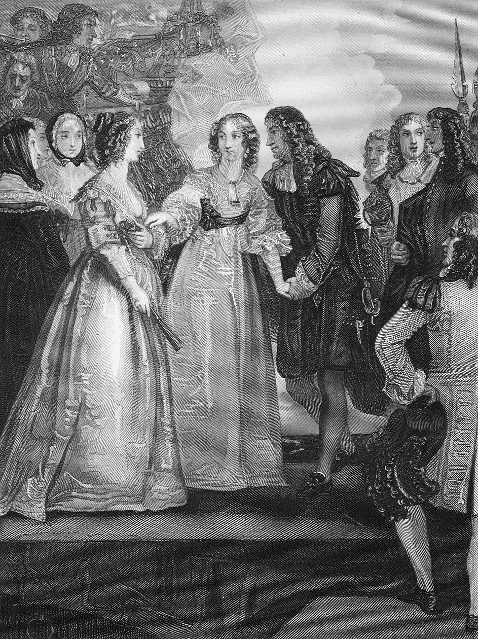 Karel II ontvangt de hertogin van Orléans in Dover, gegraveerd door A.H. Payne door Thomas Stothard