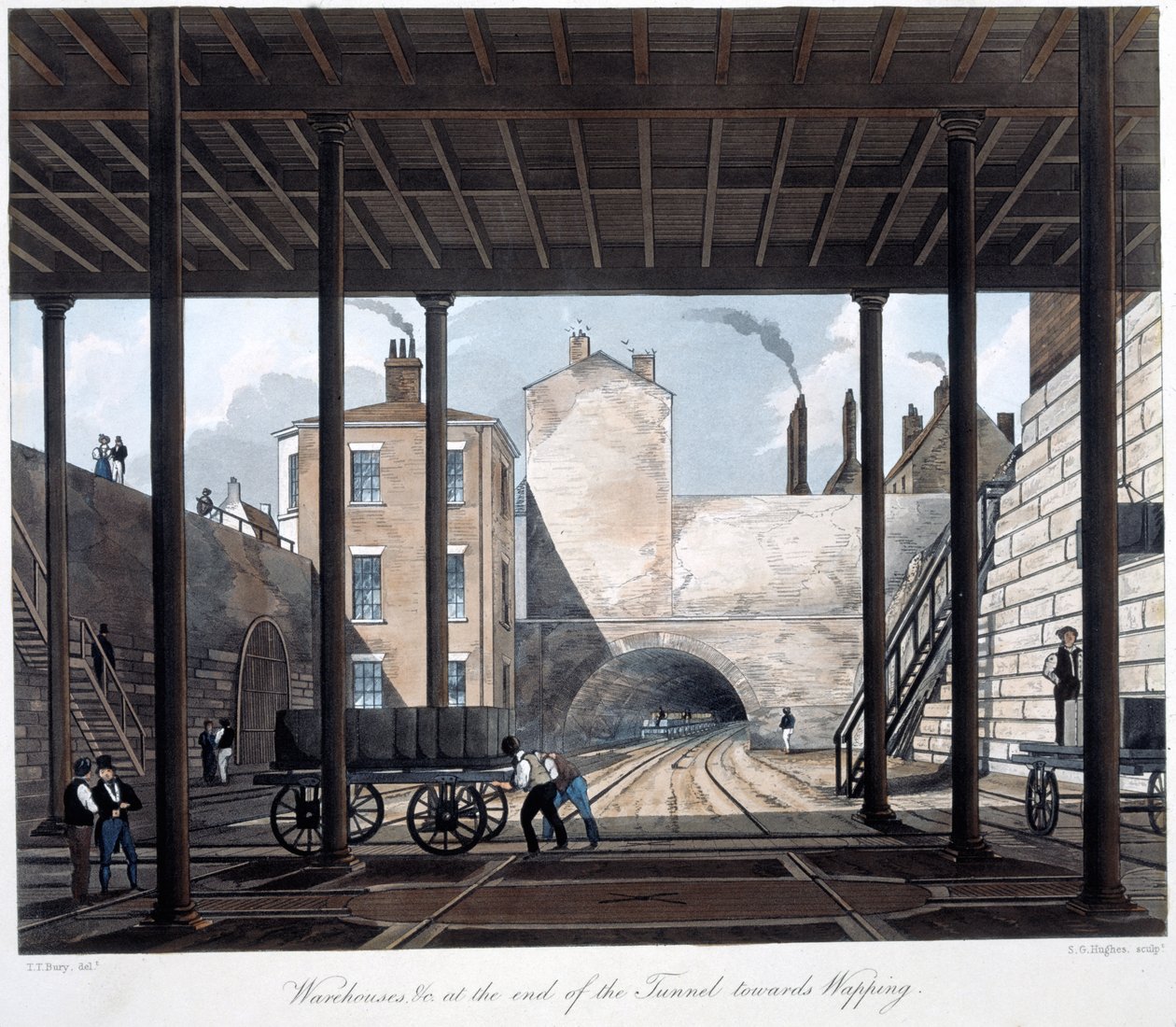 Magazijnen en werken aan het einde van de tunnel richting Wapping, gegraveerd door S.G. Hughes, 1831 door Thomas Talbot after Bury