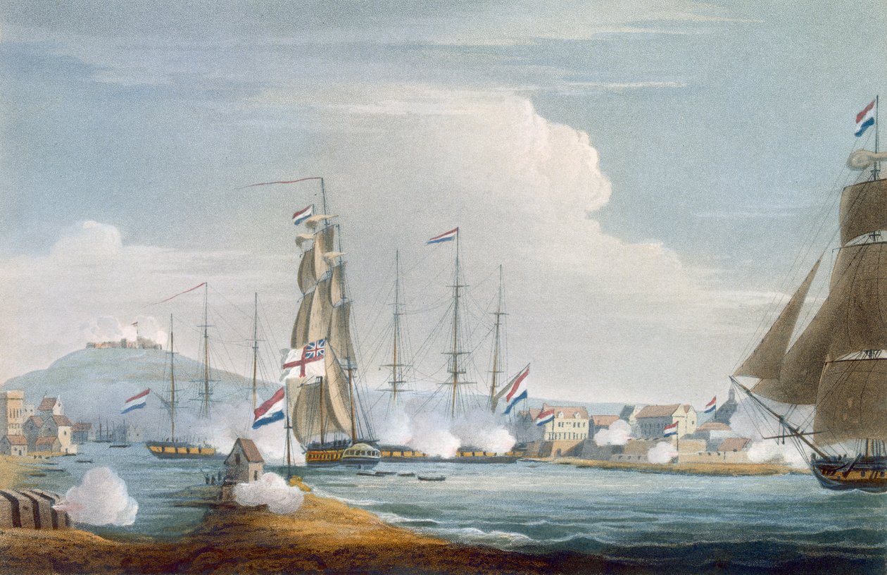 Verovering van de haven van Curacoa, Nederlands Oost-Indië, gegraveerd door J. Bailey voor 