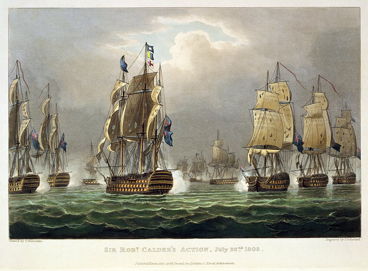 De actie van Sir Robert Calder, 22 juli 1805, gegraveerd door Thomas Sutherland voor J. Jenkins