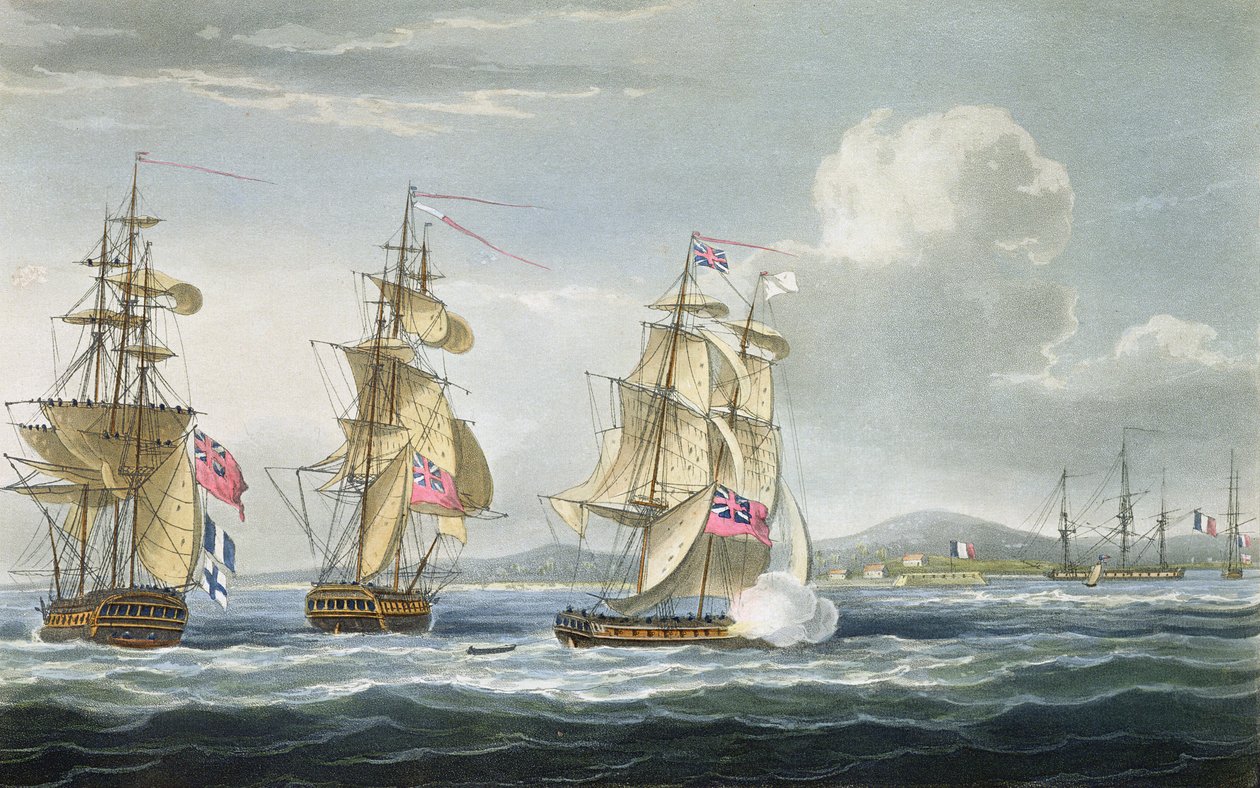 Overgave van het fort van Tamatave, gegraveerd door T. Sutherland voor 