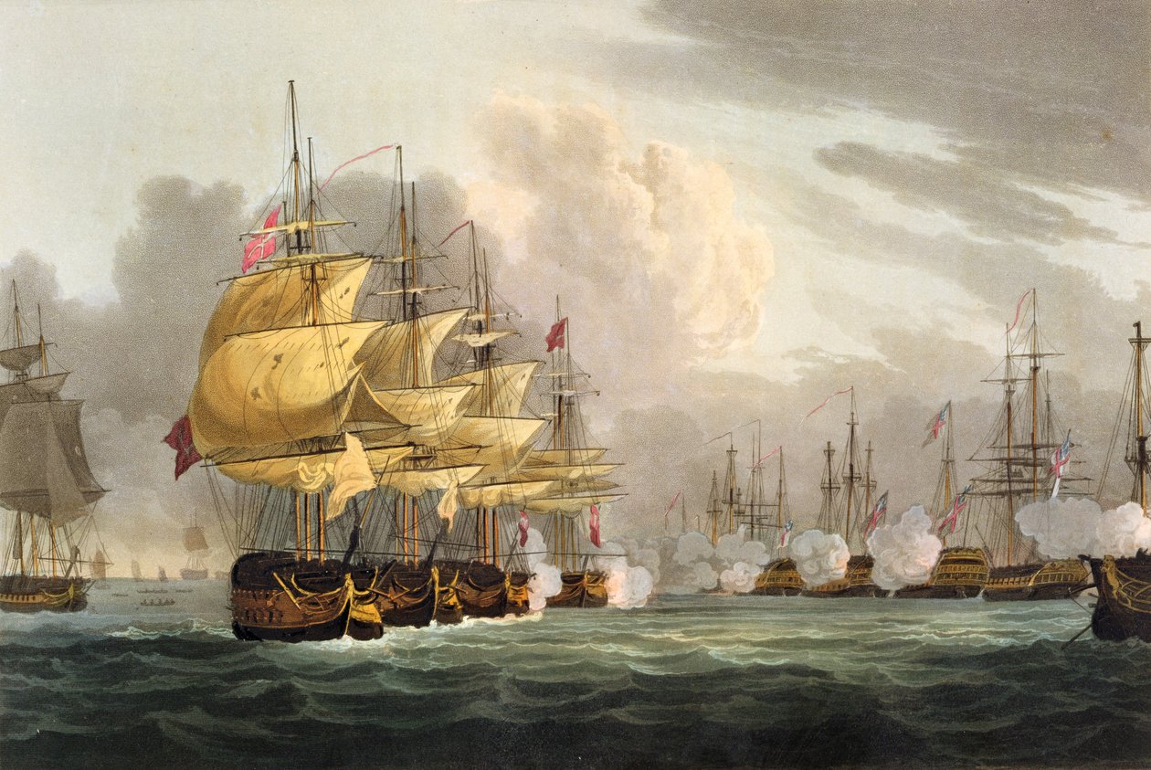 De vernietiging van de Deense vloot voor Kopenhagen, 2 april 1801, gegraveerd door Bailey voor J. Jenkins