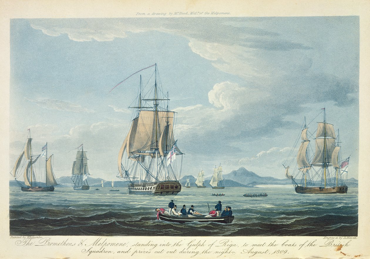 De Prometheus en de Melpomene in de Golf van Riga om de Britse eskader te ontmoeten, augustus 1809, gegraveerd door D. Havell voor 