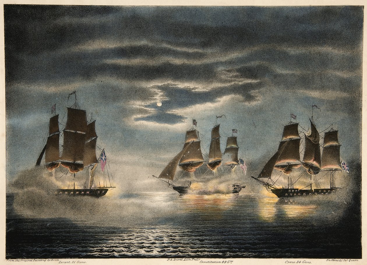 Verovering van H.M. Schepen Cyane & Levant, door de U.S. Fregat Constitution, uit Army and Navy Magazine door Thomas after Birch